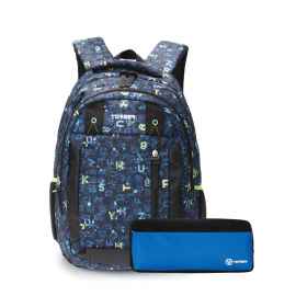 Рюкзак TORBER CLASS X, темно-синий с рисунком 'Буквы', полиэстер, 45 x 32 x 16 см + Пенал в подарок!