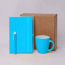 Подарочный набор JOY: блокнот, ручка, кружка, коробка, стружка, голубой, Цвет: голубой, Размер: 25,5 x 21,5 x 11 см.