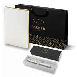 Подарочный набор: Ручка роллер Parker IM Premium T318 Pearl GT, цвет чернил черный и белый недатированный ежедневник с золотым срезом