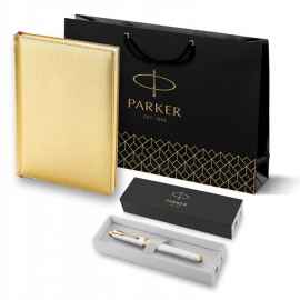 Подарочный набор: Ручка роллер Parker IM Premium T318 Pearl GT, цвет чернил черный и золотистый ежедневник с золотым срезом