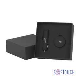 Набор автомобильное зарядное устройство 'Slam' + магнитный держатель для телефона 'Allo' в футляре, покрытие soft touch, черный, Цвет: черный