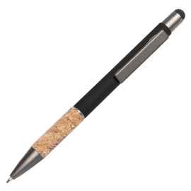 Ручка шариковая FACTOR GRIP со стилусом, черный/темно-серый, металл, пластик, пробка, софт-покрытие, Цвет: черный, бежевый