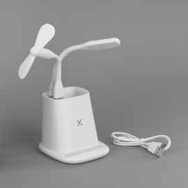 Карандашница 'Smart Stand' с беспроводным зарядным устройством, вентилятором и лампой (2USB разъёма), белый, Цвет: белый