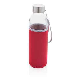 Стеклянная бутылка с чехлом из неопрена, красный, Цвет: красный, Размер: Длина 6,8 см., ширина 6,8 см., высота 22,5 см., диаметр 6,8 см.