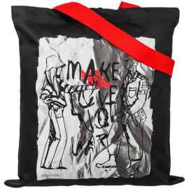 Холщовая сумка Make Love, черная с красными ручками, Цвет: красный, Размер: сумка: 35х40 см