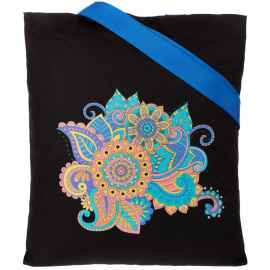 Холщовая сумка «Узор», черная с ярко-синими ручками, Цвет: синий, Размер: сумка: 35х40 см