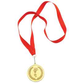 Медаль наградная на ленте  'Золото', 48 см., D=5см., текстиль, латунь, лазерная гравировка, шелкограф, Цвет: красный, золотистый