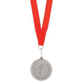 Медаль наградная на ленте  'Серебро', 48 см., D=5см., текстиль, металл, лазерная гравировка, шелкогра, Цвет: красный, серебристый