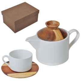 Набор 'Andrew':чайная пара и чайник в подарочной упаковке,28,5х18,5х11см,200 мл и 600 мл,фарфор,дере, Цвет: коричневый, белый