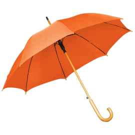 Зонт-трость с деревянной ручкой, полуавтомат, оранжевый, D=103 см, L=90см, 100% полиэстер, Цвет: оранжевый