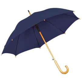 Зонт-трость с деревянной ручкой, полуавтомат, синий, D=103 см, L=90см, 100% полиэстер, Цвет: синий