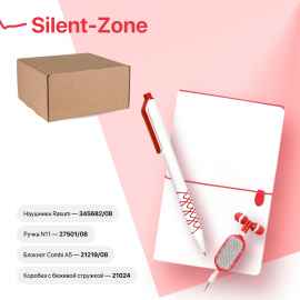 Набор подарочный SILENT-ZONE: бизнес-блокнот, ручка, наушники, коробка, стружка, бело-красный, Цвет: белый, красный