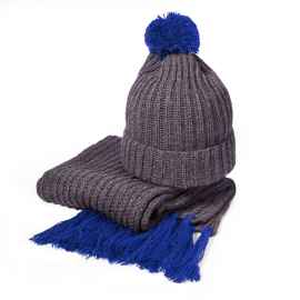 Вязаный комплект шарф и шапка 'GoSnow', антрацит c фурнитурой, синий, 70% акрил,30% шерсть, Цвет: синий