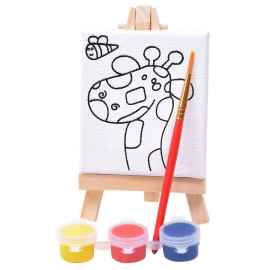 Набор для раскраски 'Жираф':холст,мольберт,кисть, краски 3шт, 7,5х12,5х2 см, дерево, холст, Цвет: белый