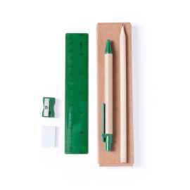 Набор GABON из 5 предметов в картонной коробке зеленый - ручка,карандаш,точилка,ластик, линейка, Цвет: зеленый, бежевый