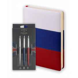 Подарочный набор Parker Jotter London Trio: гелевая ручка Red CT + шариковая ручка Blue CT + карандаш Stainless Steel CT и Ежедневник недатир.триколор