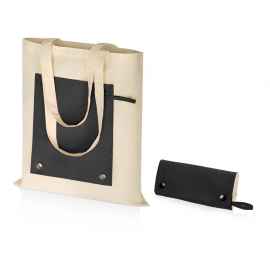Складная хлопковая сумка для шопинга Gross с карманом, 180 г/м2, 955157, Цвет: черный,натуральный