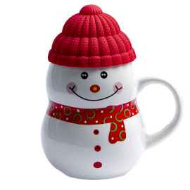 Кружка SNOWMAN с крышкой, белый с красным, 380мл, фарфор, силикон, Цвет: белый, красный