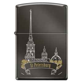 Зажигалка ZIPPO Петропавловская крепость, с покрытием Black Ice®, латунь/сталь, чёрная, 38x13x57 мм