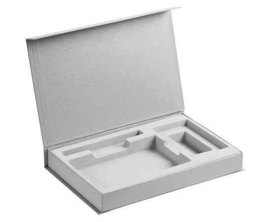 Коробка Silk с ложементом под ежедневник 10x16 см, аккумулятор и ручку, серебристая, Цвет: серебристый