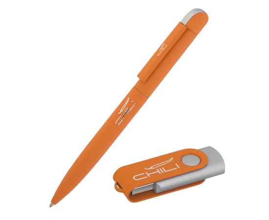 Набор ручка 'Jupiter' + флеш-карта 'Vostok' 16 Гб в футляре, покрытие soft touch, оранжевый, Цвет: оранжевый