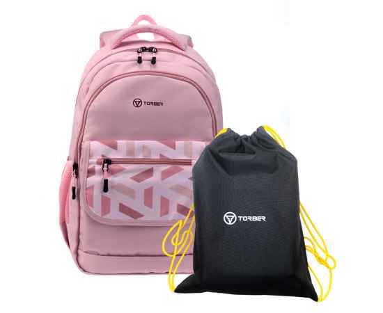 Рюкзак TORBER CLASS X, розовый с орнаментом, 45 x 30 x 18 см + Мешок для сменной обуви в подарок!