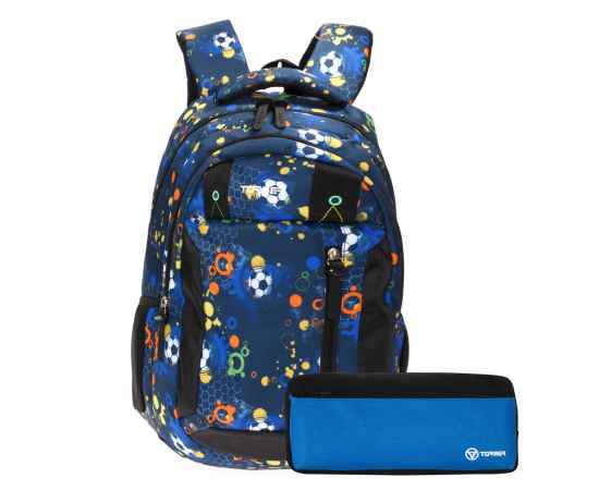 Рюкзак TORBER CLASS X, черно-синий с рисунком 'Мячики', полиэстер, 45 x 32 x 16 см + Пенал в подарок