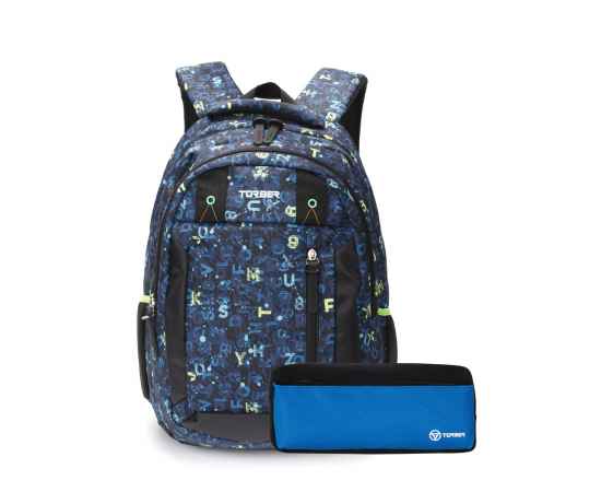 Рюкзак TORBER CLASS X, темно-синий с рисунком 'Буквы', полиэстер, 45 x 32 x 16 см + Пенал в подарок!