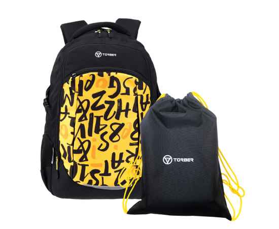 Рюкзак TORBER CLASS X, черно-желтый с принтом, 46 x 32 x 18 см + Мешок для сменной обуви в подарок!