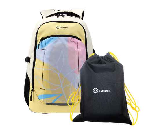 Рюкзак TORBER CLASS X, желтый с орнаментом, 46 x 32 x 18 см + Мешок для сменной обуви в подарок!