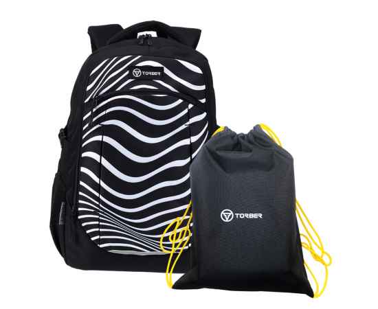 Рюкзак TORBER CLASS X, черный с принтом 'Зебра', 46 x 32 x 18 см+ Мешок для сменной обуви в подарок!