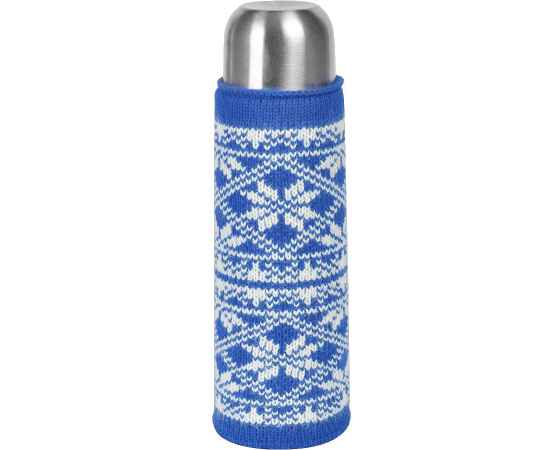 Чехол  вязаный  на бутылку/термос 'Зимний орнамент',  синий, акрил,  шеврон