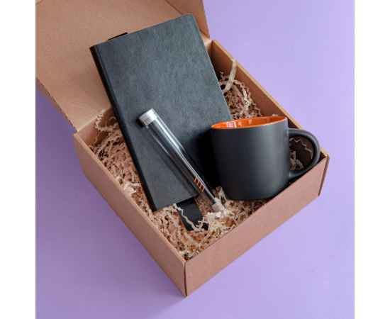 Набор подарочный DESKTOP: кружка, ежедневник, ручка,  стружка, коробка, черный/оранжевый, Цвет: черный, оранжевый, Размер: 25,5 x 21,5 x 11 см