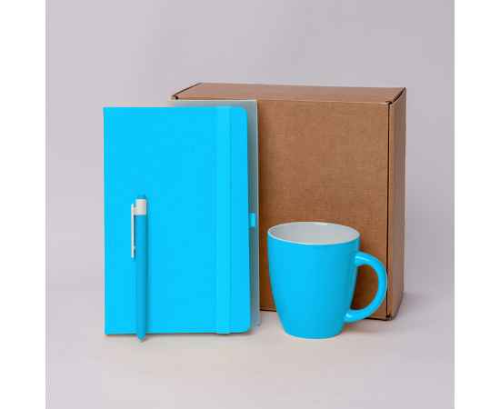 Подарочный набор JOY: блокнот, ручка, кружка, коробка, стружка, голубой, Цвет: голубой, Размер: 25,5 x 21,5 x 11 см.