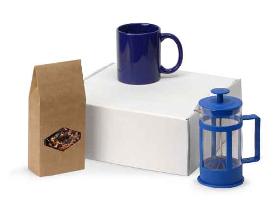 Подарочный набор с чаем, кружкой и френч-прессом Чаепитие, 700411.02, Цвет: ярко-синий,синий,прозрачный, Объем: 320 мл, 350
