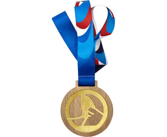 Деревянная медаль с лентой Лыжный спорт, золото