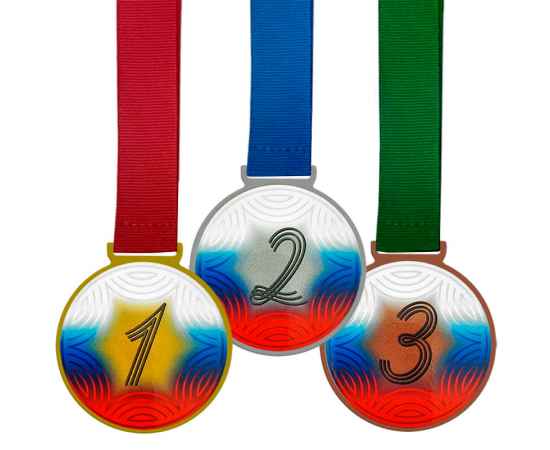 Комплект медалей Аманита 1,2,3 место с лентами (красная, синяя, зеленая)