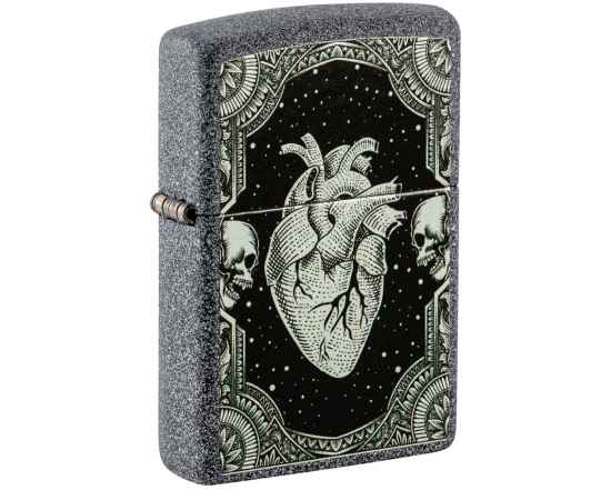 Зажигалка ZIPPO Heart Design с покрытием Iron Stone, латунь/сталь, серая, 38x13x57 мм