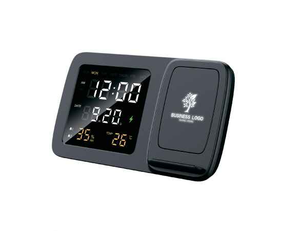 Настольные часы 'Smart Screen' с беспроводным (15W) зарядным устройством, гигрометром, термометром, календарём, с подсветкой логотипа, черный