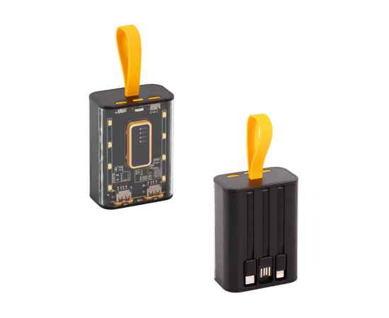 Зарядное устройство 'Shine' 9000 mAh с LED-подсветкой, встроенными кабелями Type-C/Lightning/USB, черный с желтым
