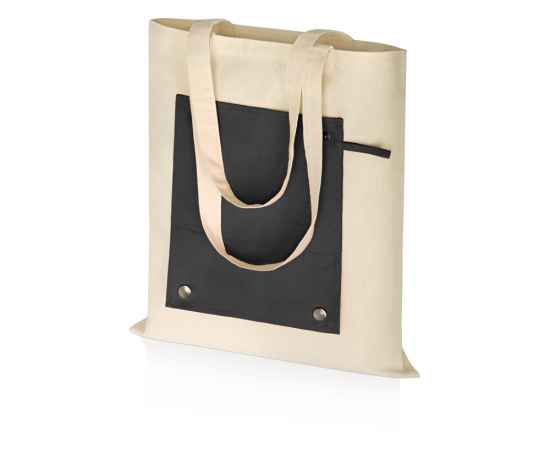 Складная хлопковая сумка для шопинга Gross с карманом, 180 г/м2, 955157, Цвет: черный,натуральный, изображение 2