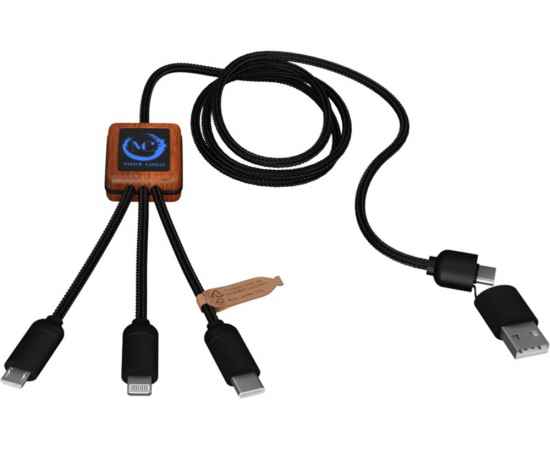 2PX07252 Зарядный кабель 3 в 1 со светящимся логотипом и округлым бамбуковым корпусом, Цвет: дерево,черный, изображение 6