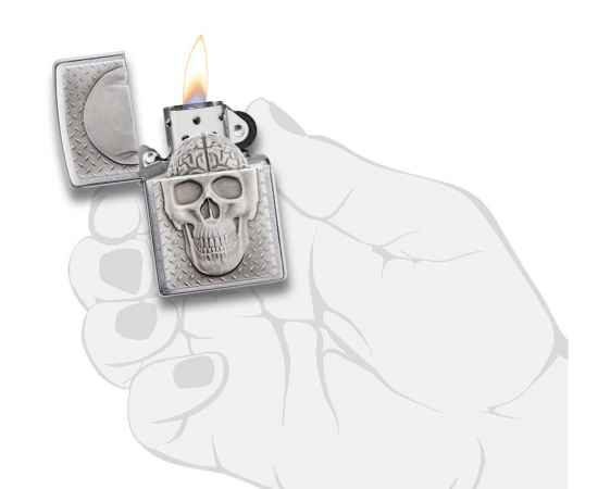 Зажигалка ZIPPO Skull Design с покрытием Brushed Chrome, латунь/сталь, серебристая, 38x13x57 мм, изображение 5