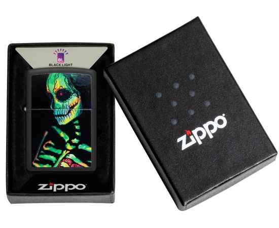Зажигалка ZIPPO Skeleton Design с покрытием Black Light, латунь/сталь, черная, матовая, 38x13x57 мм, изображение 6
