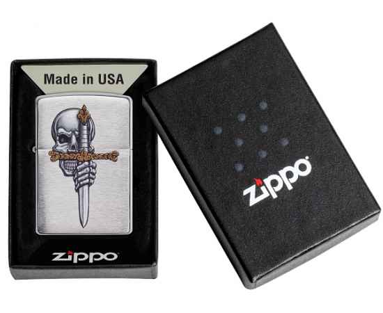 Зажигалка ZIPPO Sword Skull Desig с покрытием Brushed Chrome, латунь/сталь, серебристая, 38x13x57 мм, изображение 6