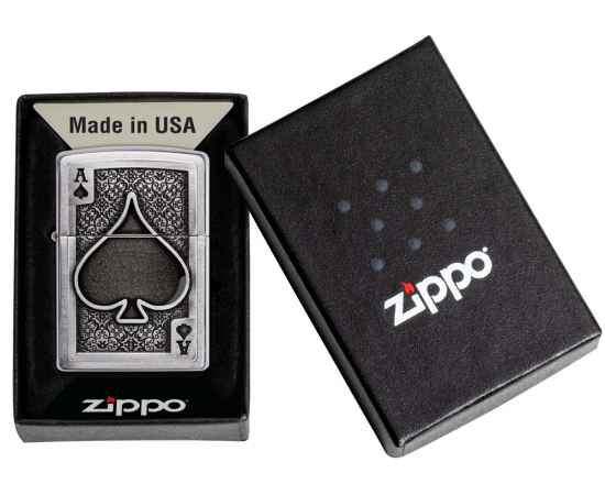 Зажигалка ZIPPO Ace Of Spades с покрытием Brushed Chrome, латунь/сталь, серебристая, 38x13x57 мм, изображение 6