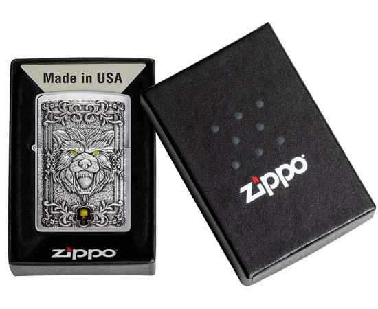 Зажигалка ZIPPO Wolf Emblem с покрытием Brushed Chrome, латунь/сталь, серебристая, 36x13x57 мм, изображение 6