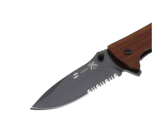 Нож складной Stinger, 80 мм (чёрный), материал рукояти: сталь/сандаловое дерево (коричневый), изображение 4