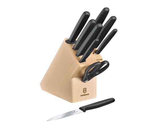 Набор из 9 столовых приборов VICTORINOX: 6 ножей, вилка д/мяса, ножницы, мусат, в буковой подставке, изображение 2
