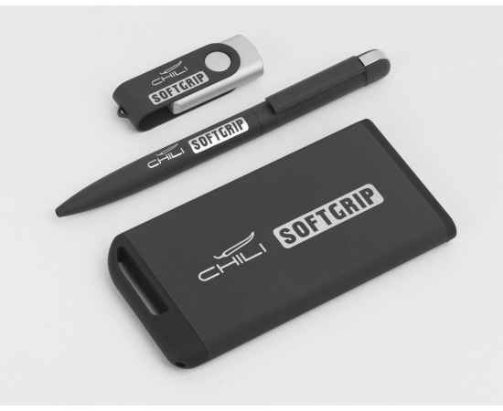 Набор ручка + флеш-карта 16Гб + зарядное устройство 4000 mAh в футляре, softgrip, черный, изображение 2